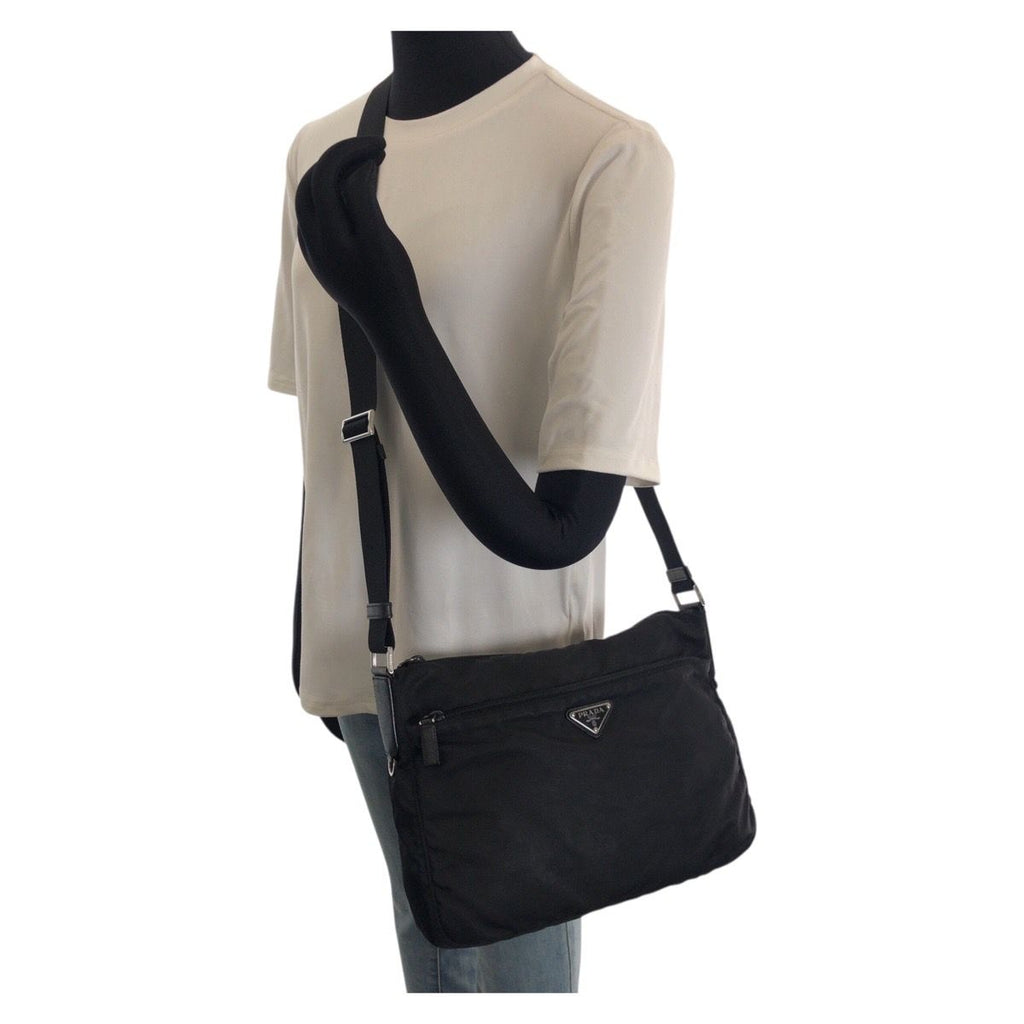 Prada Tessuto Saffiano Black Silver Nylon Leather Shoulder Bag — view 7