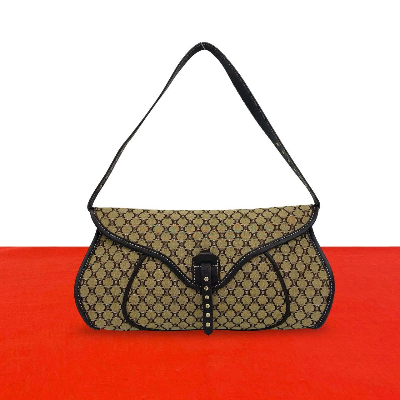 Celine Macadam Blason Triomphe Pattern Canvas Leather Shoulder Bag Handbag Brown