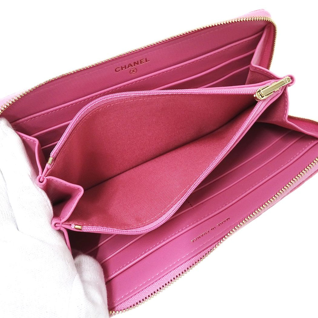 Chanel Wallet Quilted Chief Caviar Leather Pink Gold Zip Around — view 8