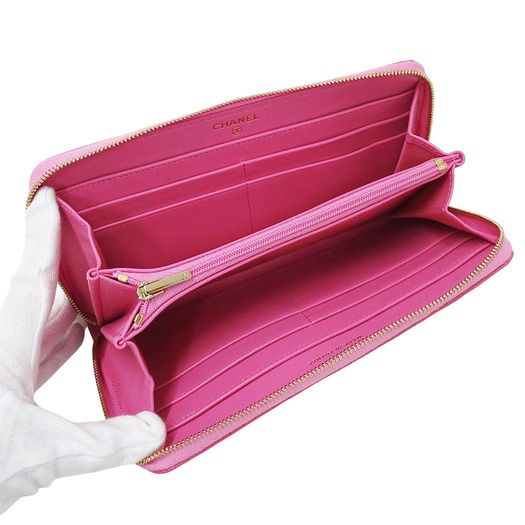 Chanel Wallet Quilted Chief Caviar Leather Pink Gold Zip Around — view 4