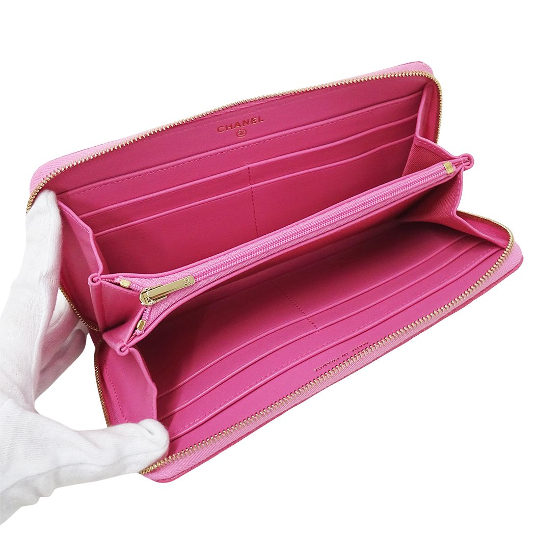 Chanel Wallet Quilted Chief Caviar Leather Pink Gold Zip Around — view 4