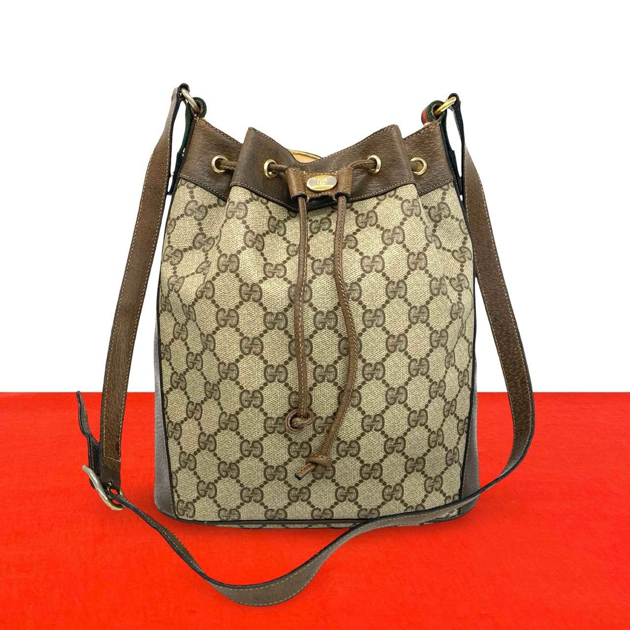Gucci Vintage Sherry Line GG Pattern Logo Leather Drawstring Shoulder Bag Brown