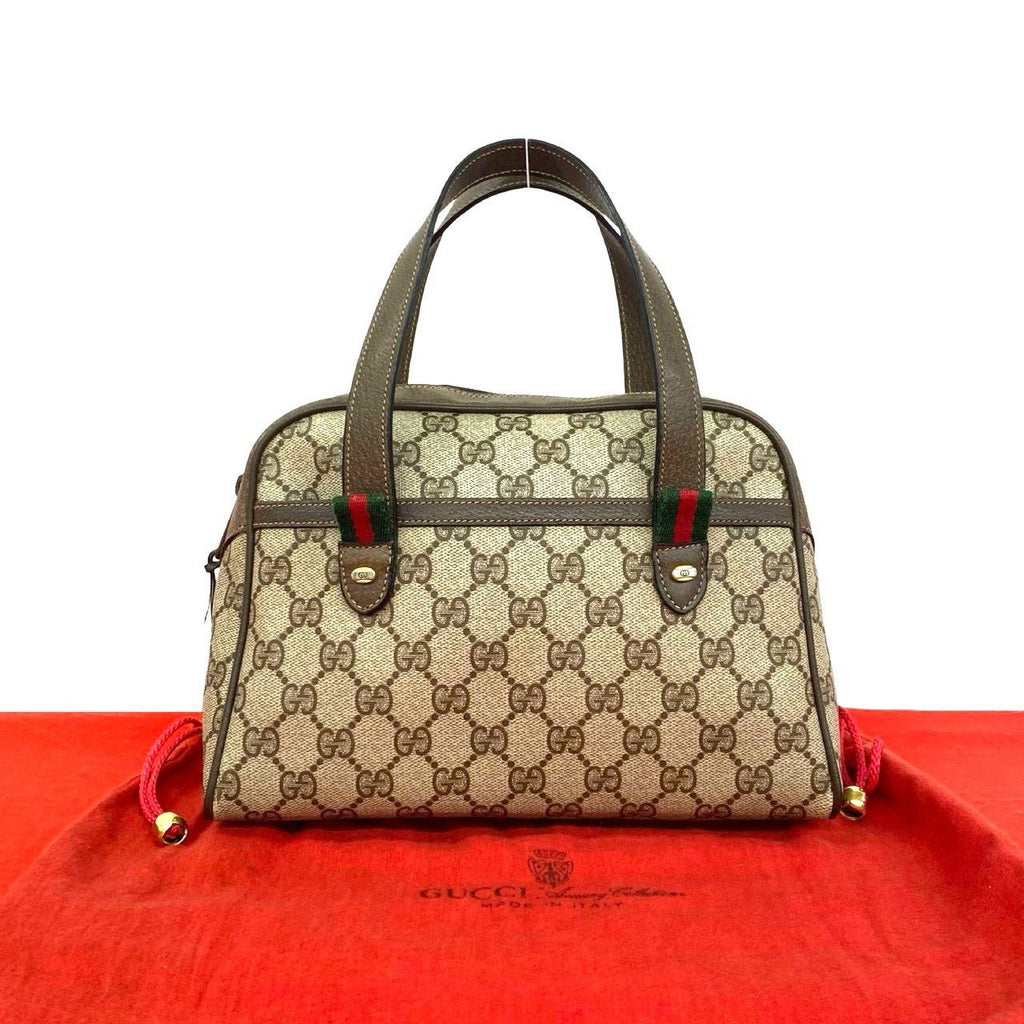 Gucci Vintage Sherry Line GG Pattern Logo Leather Handle Brown Handbag