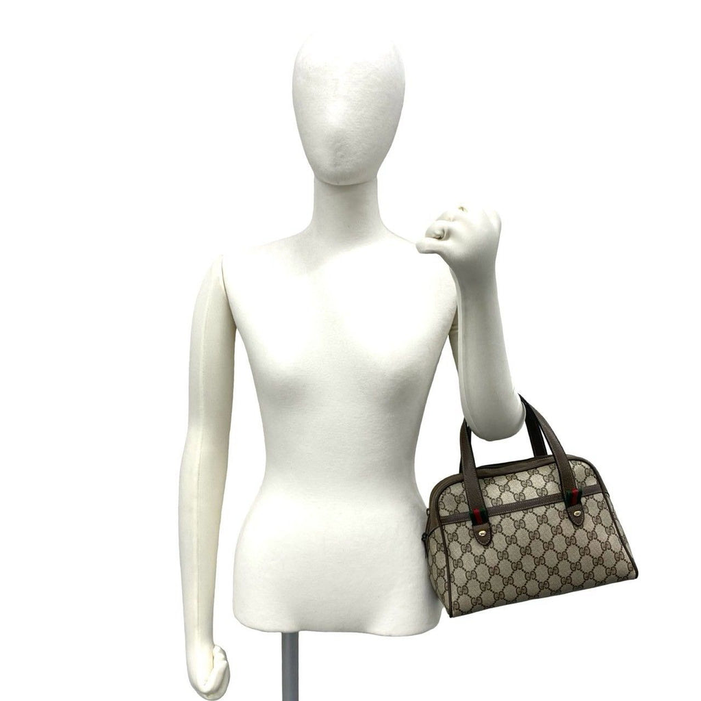 Gucci Vintage Sherry Line GG Pattern Logo Leather Handle Brown Handbag — view 2