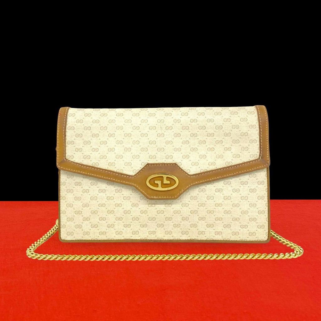 Gucci Vintage Micro GG Pattern Logo Leather Shoulder Bag Beige Brown