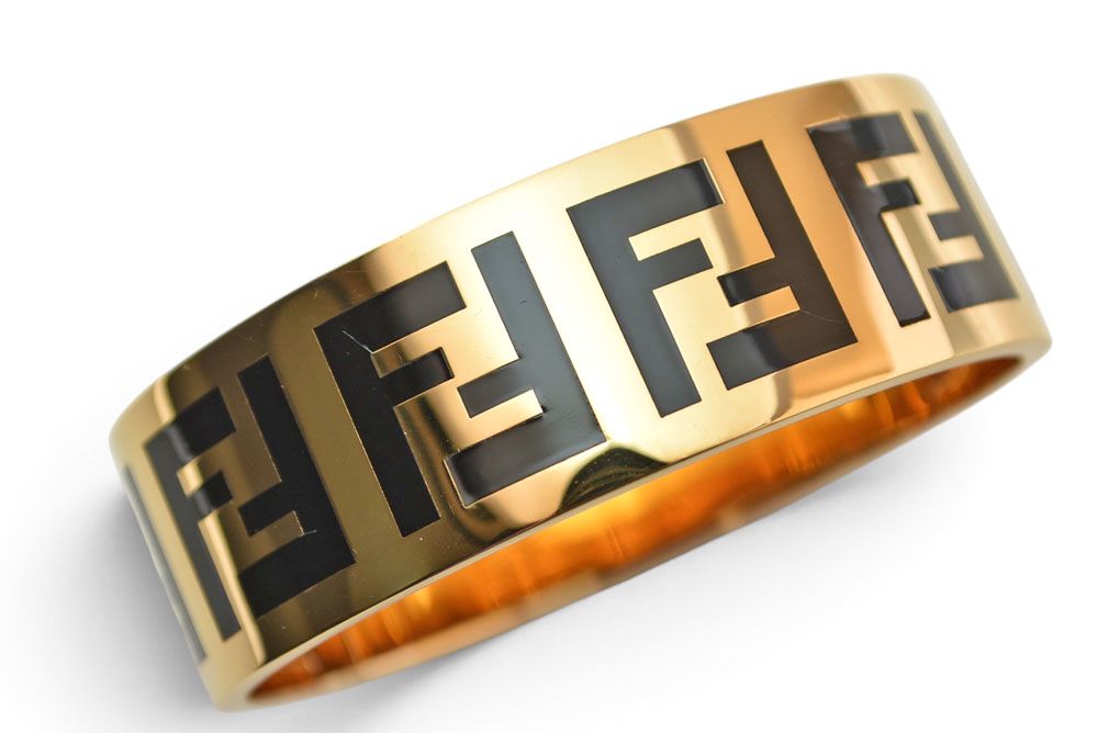 Fendi Bangle Bracelet FF Logo Black Gold Metal