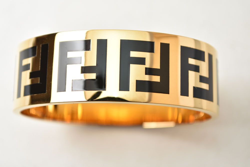 Fendi Bangle Bracelet FF Logo Black Gold Metal — view 6