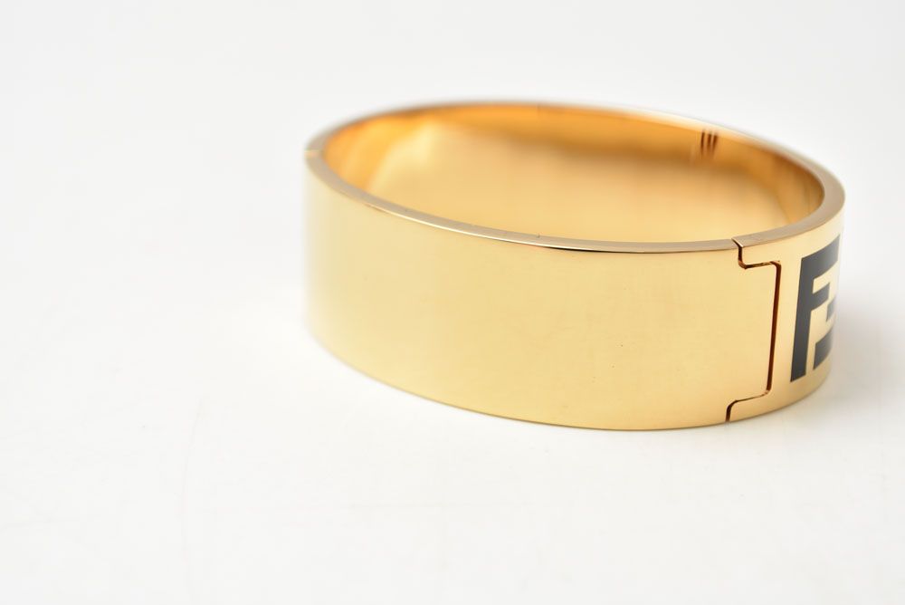 Fendi Bangle Bracelet FF Logo Black Gold Metal — view 4