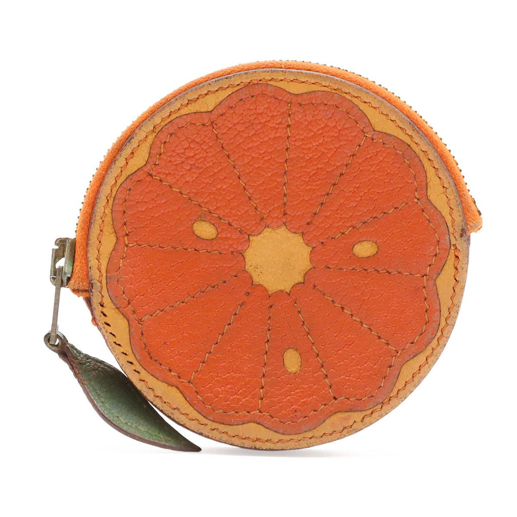 Hermes Coin Purse Fruit Orange Motif Leather Green
