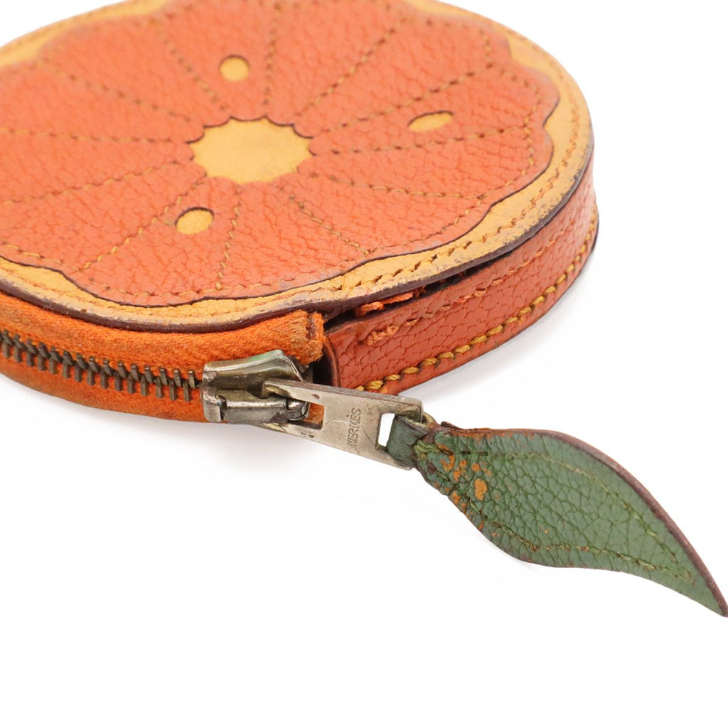 Hermes Coin Purse Fruit Orange Motif Leather Green — view 4