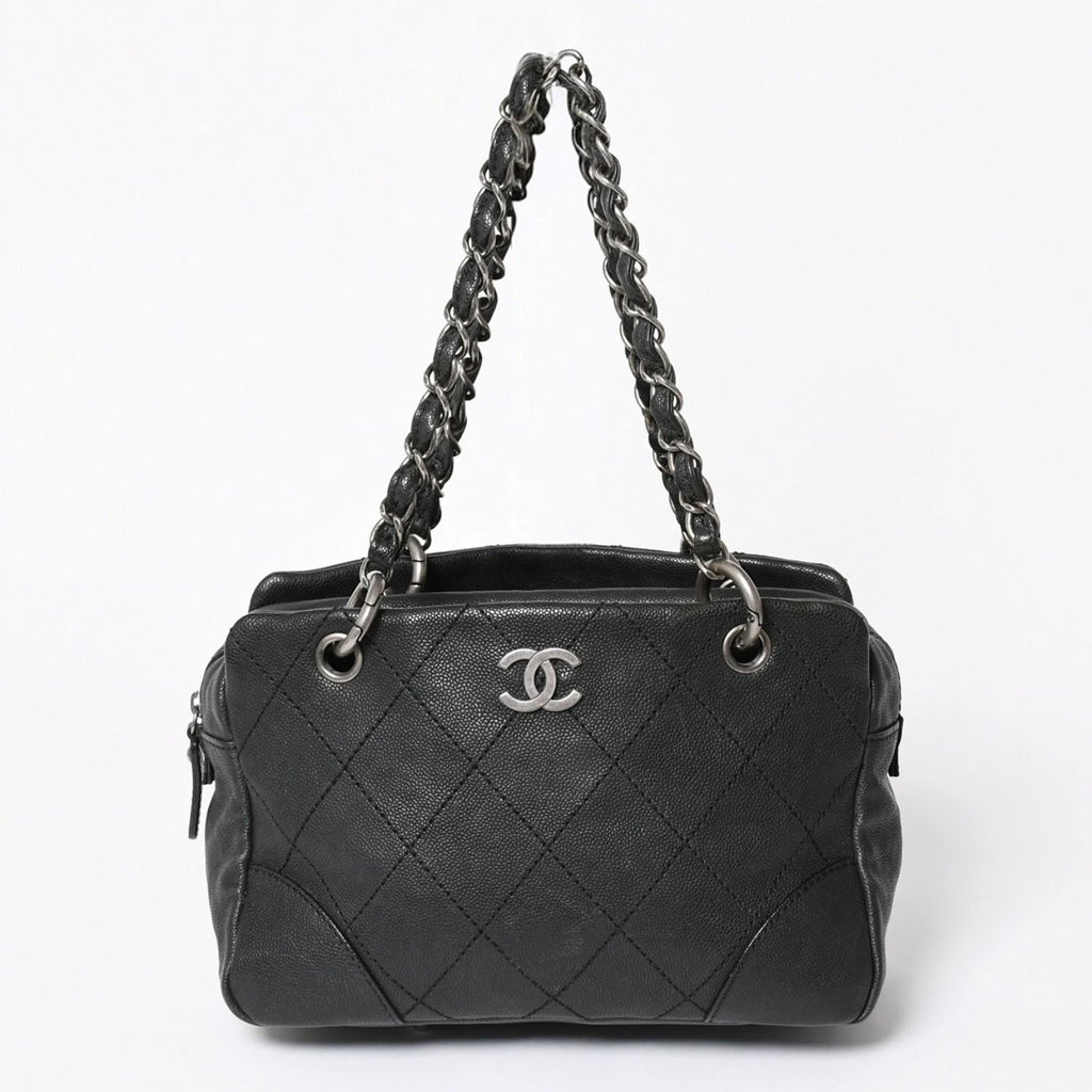 Chanel Wild Stitch Chain Tote Bag CC Logo Caviar Leather Black