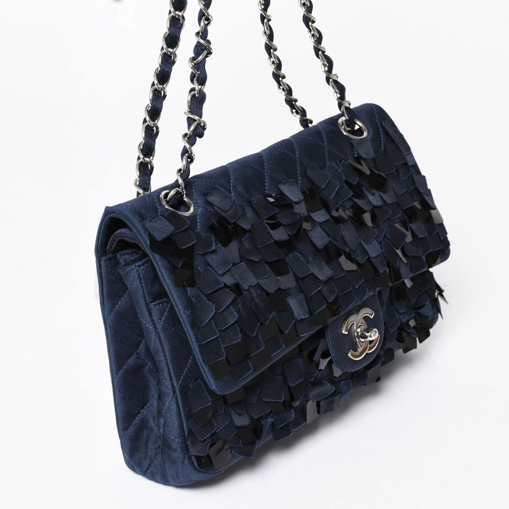 Chanel Quilted 25 Double Flap Chain Shoulder Bag CC Logo Satin Sequin Navy — view 3
