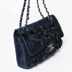 Chanel Quilted 25 Double Flap Chain Shoulder Bag CC Logo Satin Sequin Navy — view 3