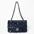 Chanel Quilted 25 Double Flap Chain Shoulder Bag CC Logo Satin Sequin Navy