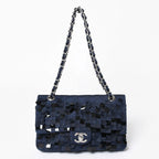Chanel Quilted 25 Double Flap Chain Shoulder Bag CC Logo Satin Sequin Navy