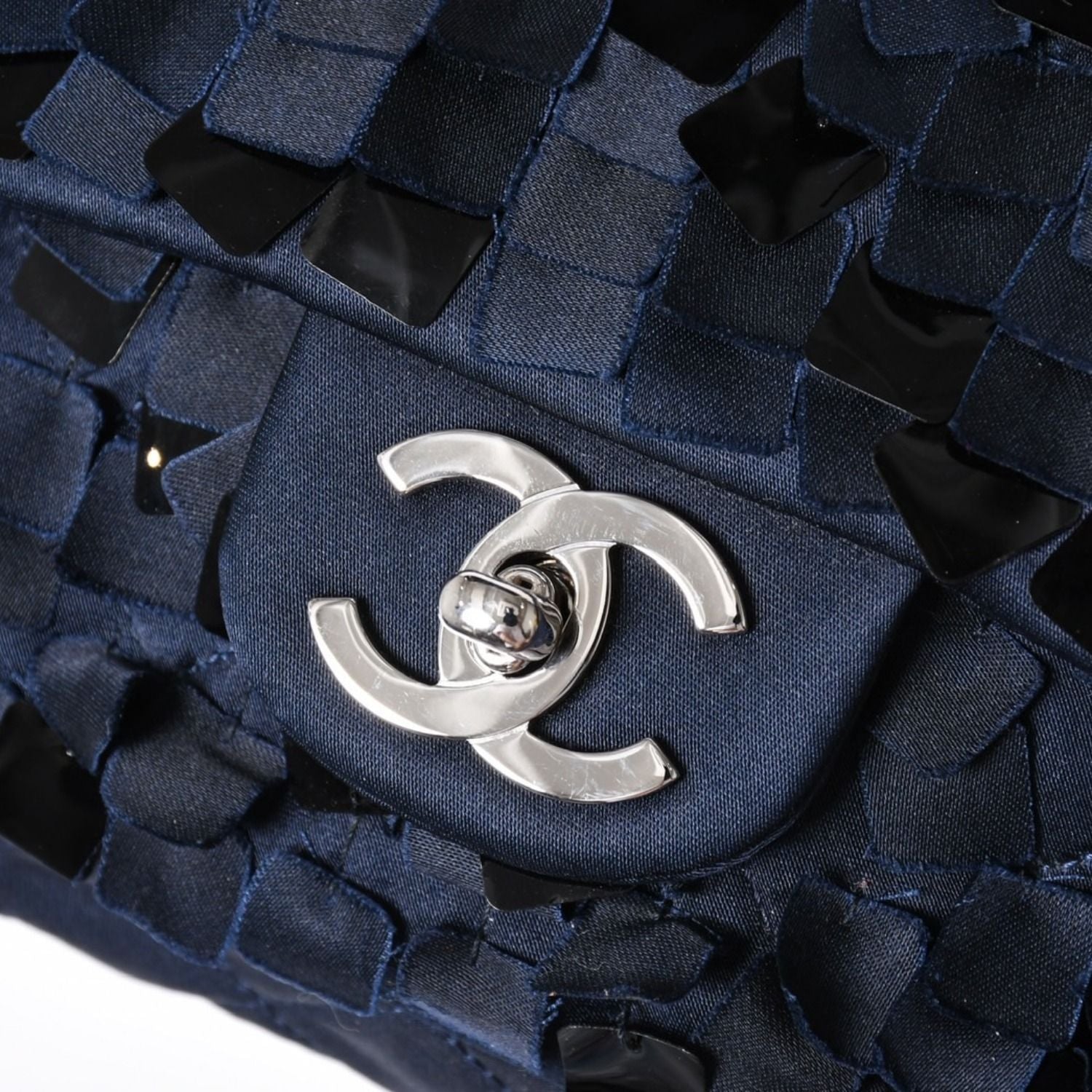 Chanel Quilted 25 Double Flap Chain Shoulder Bag CC Logo Satin Sequin Navy — view 5