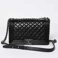 Chanel Boy Chain Shoulder Bag Lambskin CC Logo Black Silver