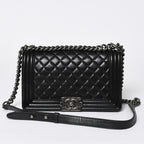 Chanel Boy Chain Shoulder Bag Lambskin CC Logo Black Silver