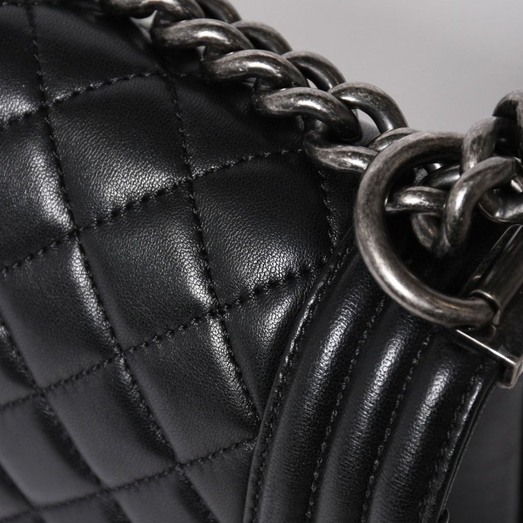 Chanel Boy Chain Shoulder Bag Lambskin CC Logo Black Silver — view 6