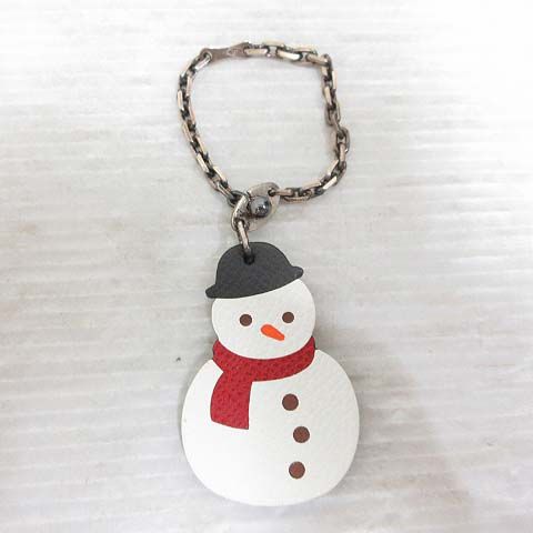 Hermes Snowman Charm Bag Key Holder Leather Chain White Silver