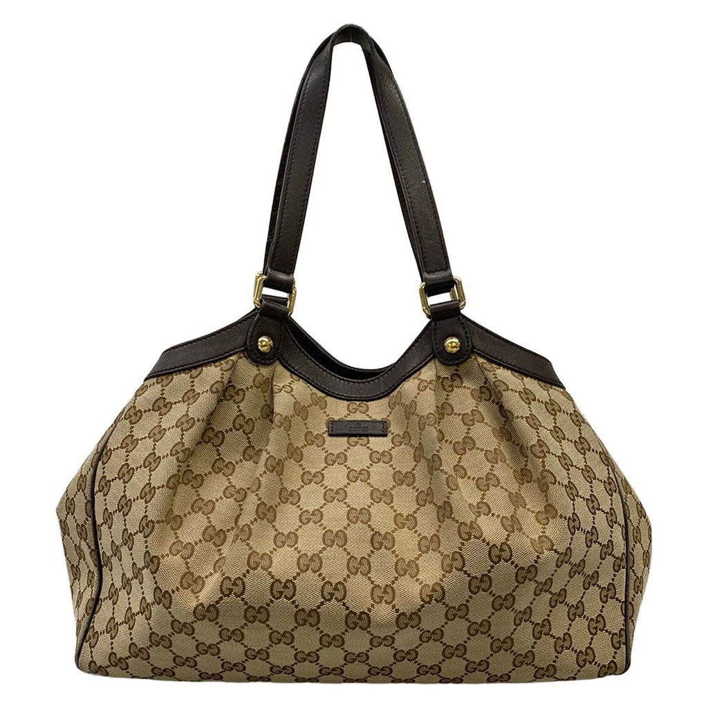 Gucci Tote Bag Beige Dark Brown Leather