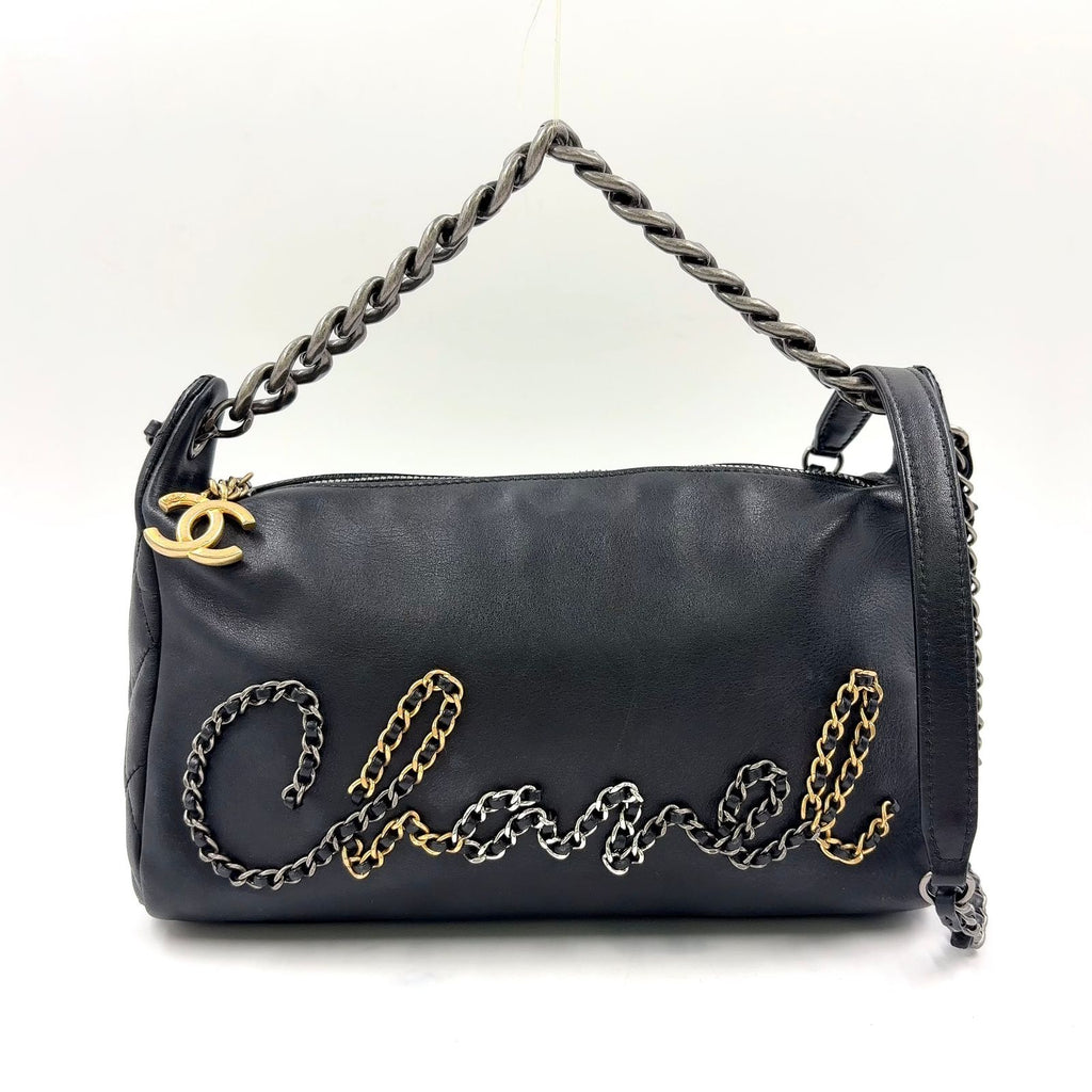 Chanel Logo Mark Leather Black Shoulder Bag Silver