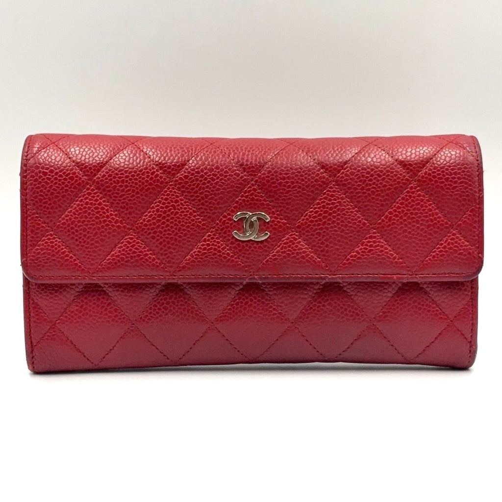 Chanel Quilted Caviar Leather Red Wallet Silver