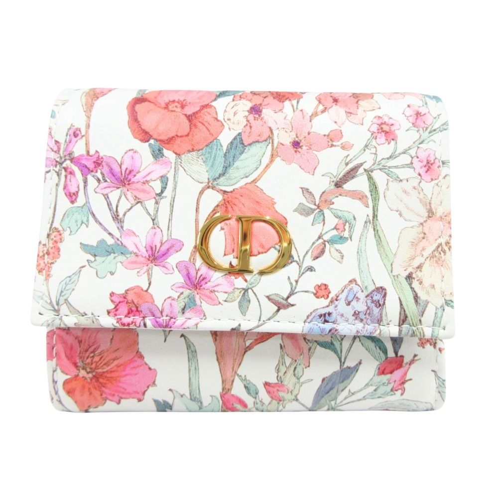 Dior Caro Hibiscus Trifold Wallet Case Gold Floral White