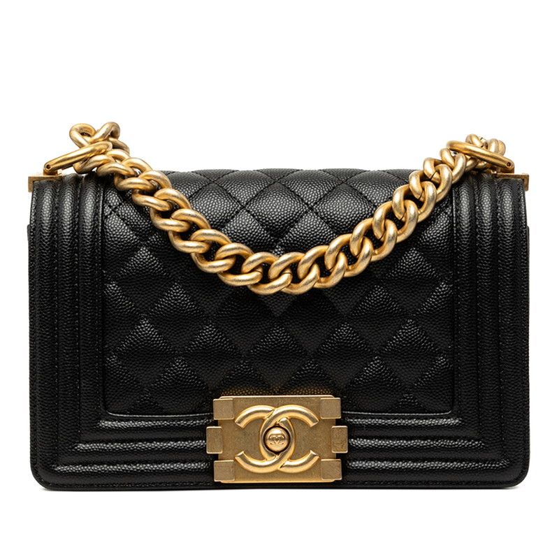Chanel CC Logo Quilted Boy 20 Vintage Chain Shoulder Bag Black Caviar Leather