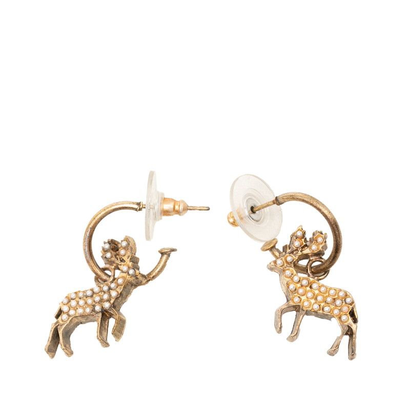 Chanel Reindeer Motif Earrings Gold Plated Faux Pearl