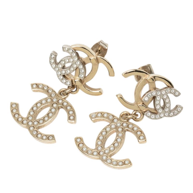 Chanel CC Logo Earrings Gold Metal Rhinestone Faux Pearl