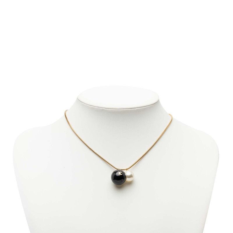 Chanel CC Logo Ball Chain Necklace Gold Black Plated Faux Pearl Plastic — view 7