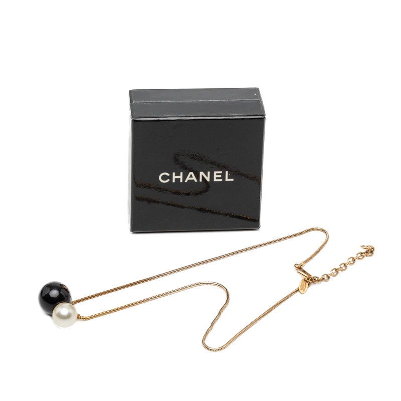 Chanel CC Logo Ball Chain Necklace Gold Black Plated Faux Pearl Plastic — view 6