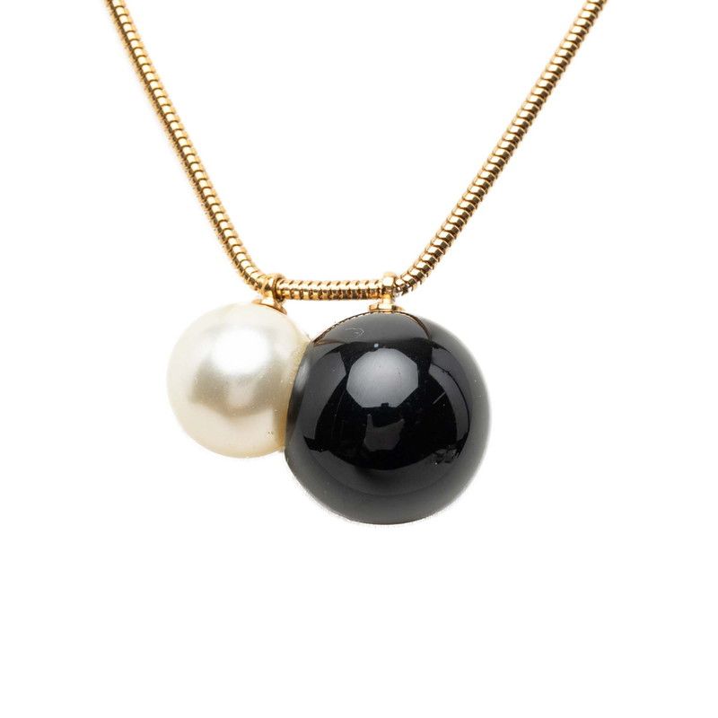 Chanel CC Logo Ball Chain Necklace Gold Black Plated Faux Pearl Plastic — view 2