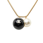 Chanel CC Logo Ball Chain Necklace Gold Black Plated Faux Pearl Plastic