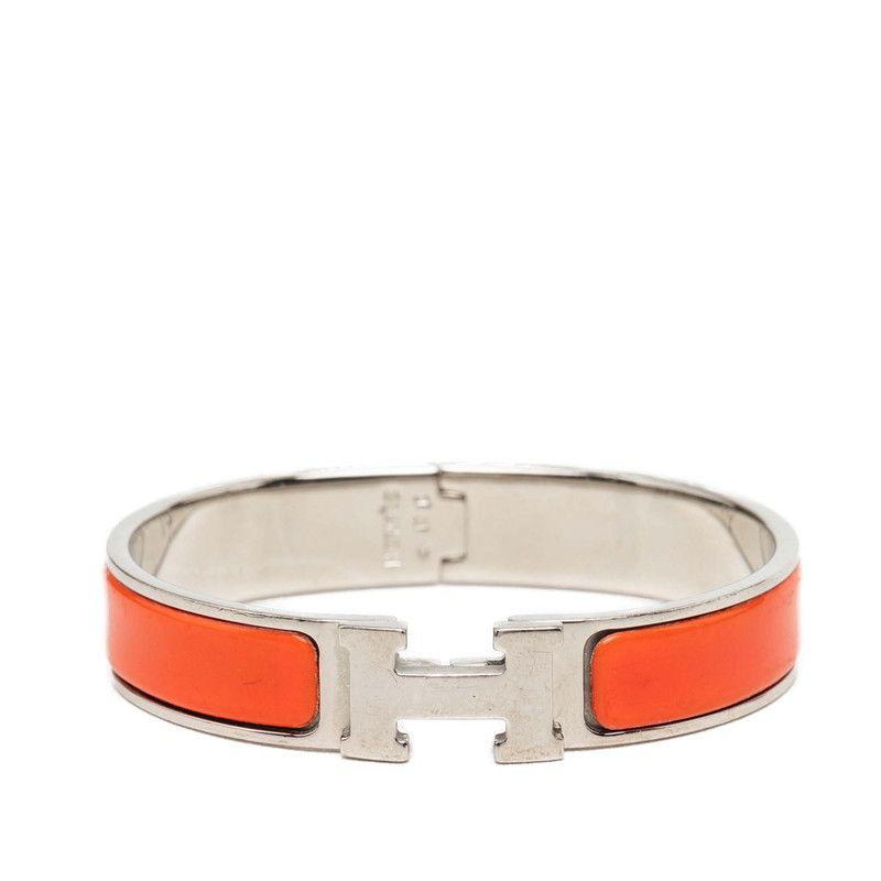 Hermes Click PM Bracelet Bangle Silver Orange Metal Enamel