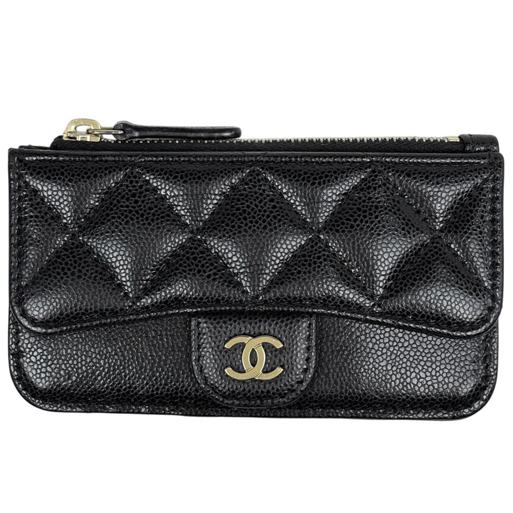 Chanel CC Logo Coin Purse Card Case Quilted Caviar Leather Black AP