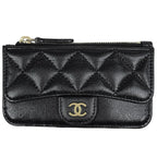 Chanel CC Logo Coin Purse Card Case Quilted Caviar Leather Black AP