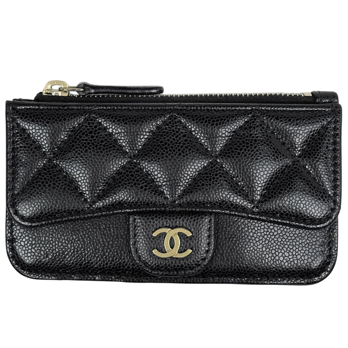 Chanel CC Logo Coin Purse Card Case Quilted Caviar Leather Black AP