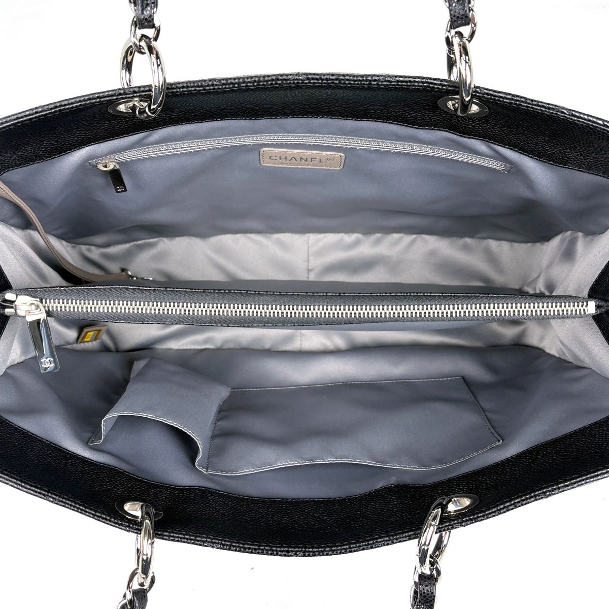 Chanel CC Logo Chain Tote Bag Quilted Caviar Leather Black — view 7