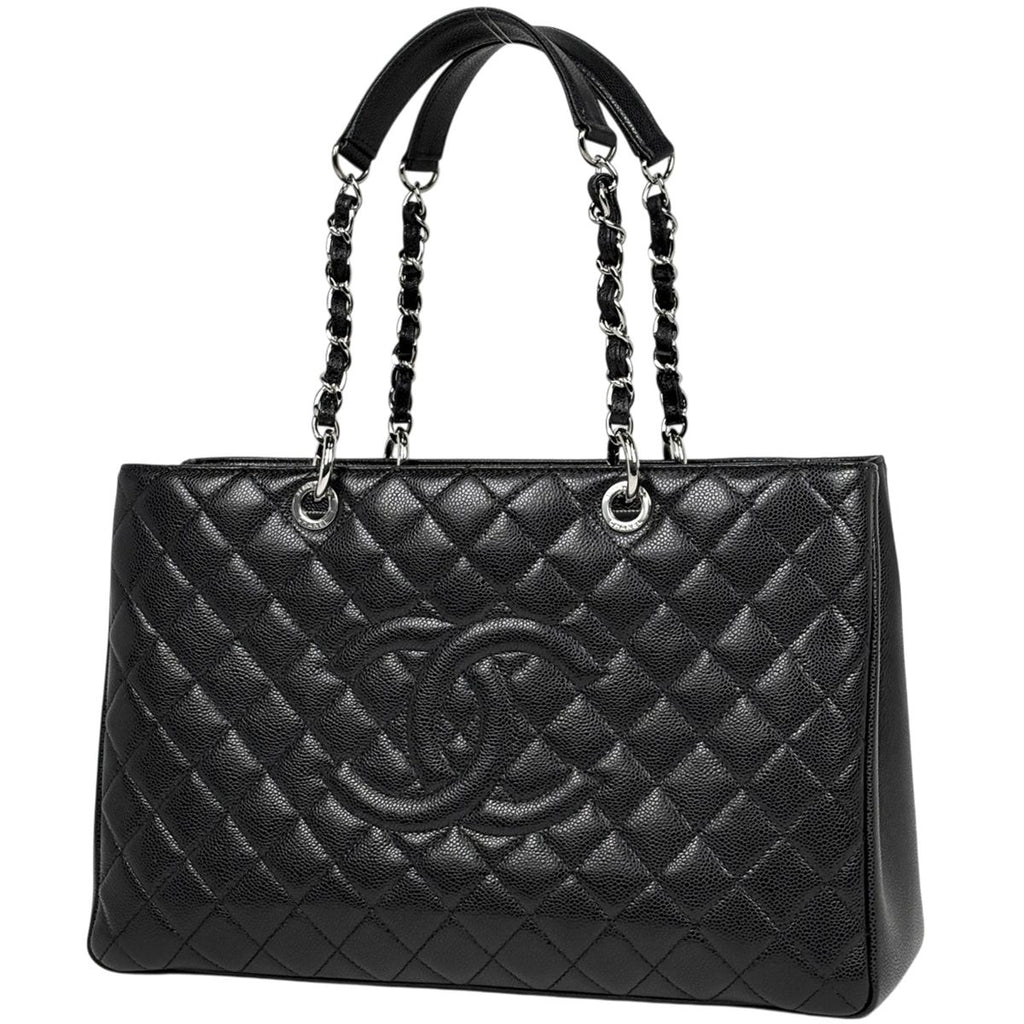 Chanel CC Logo Chain Tote Bag Quilted Caviar Leather Black