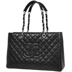 Chanel CC Logo Chain Tote Bag Quilted Caviar Leather Black