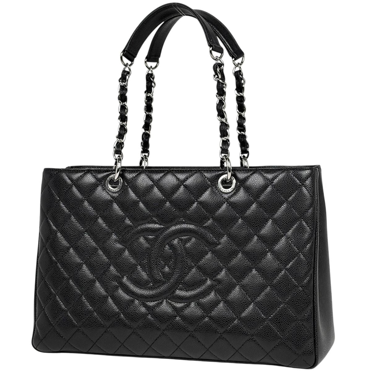 Chanel CC Logo Chain Tote Bag Quilted Caviar Leather Black