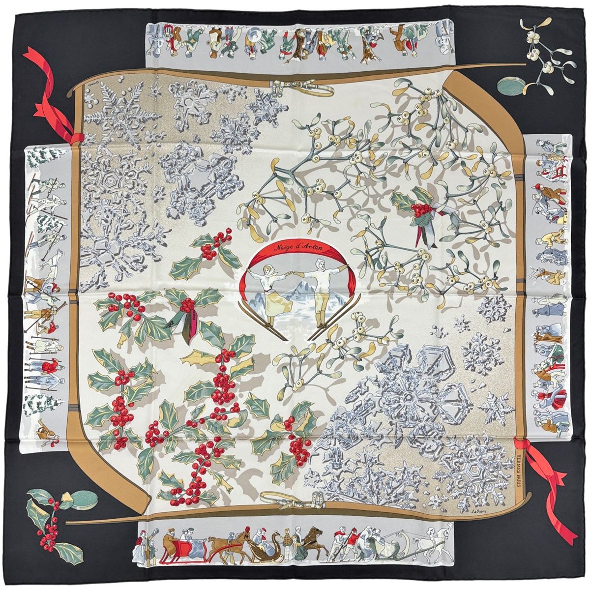 Hermes Carre 90 Neige D'antan Last Year's Snow Scarf Silk Gray Black Multicolor