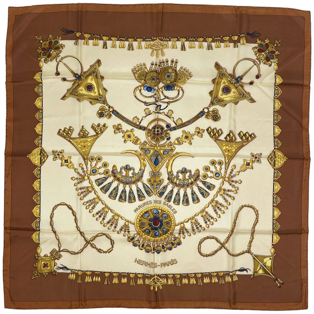Hermes Carre 90 Parures Des Sables Scarf Desert Silk Brown Multicolor