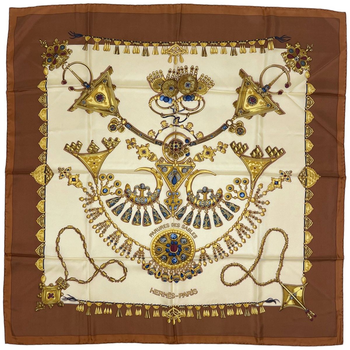 Hermes Carre 90 Parures Des Sables Scarf Desert Silk Brown Multicolor