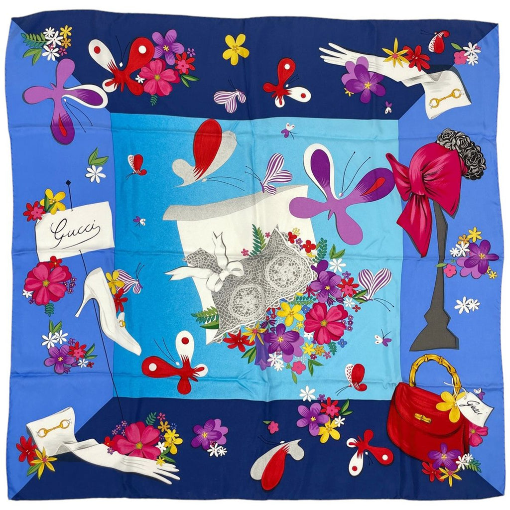 Gucci Scarf Flower Silk Blue Multicolor