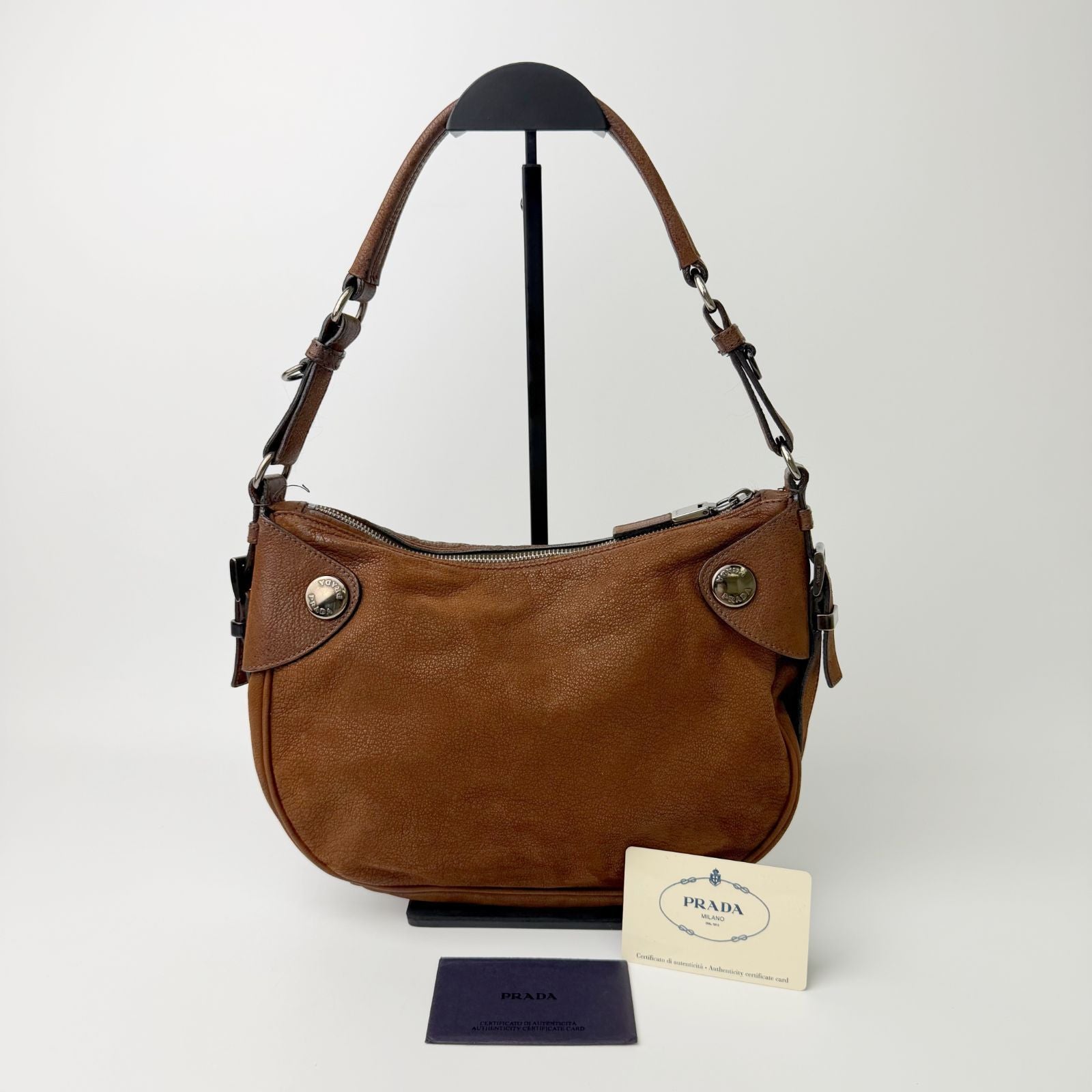 Prada Vitello Daino Studded Hobo Shoulder Bag Leather Brown Vintage