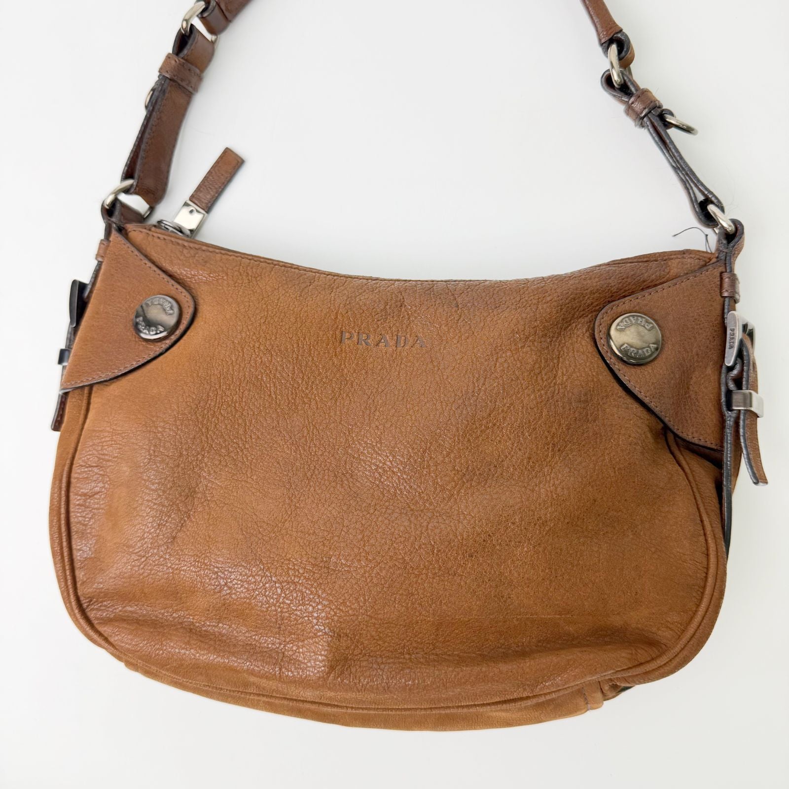 Prada Vitello Daino Studded Hobo Shoulder Bag Leather Brown Vintage — view 3