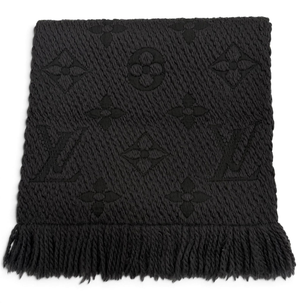 Louis Vuitton Echarpe Logomania Monogram Wool Silk Scarf with Fringe Dark Gray